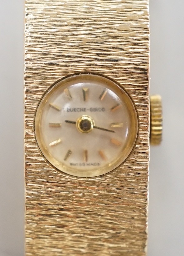 A lady's 9ct gold Buech Girod manual wind bracelet watch, 16.3cm, gross weight 25.3 grams